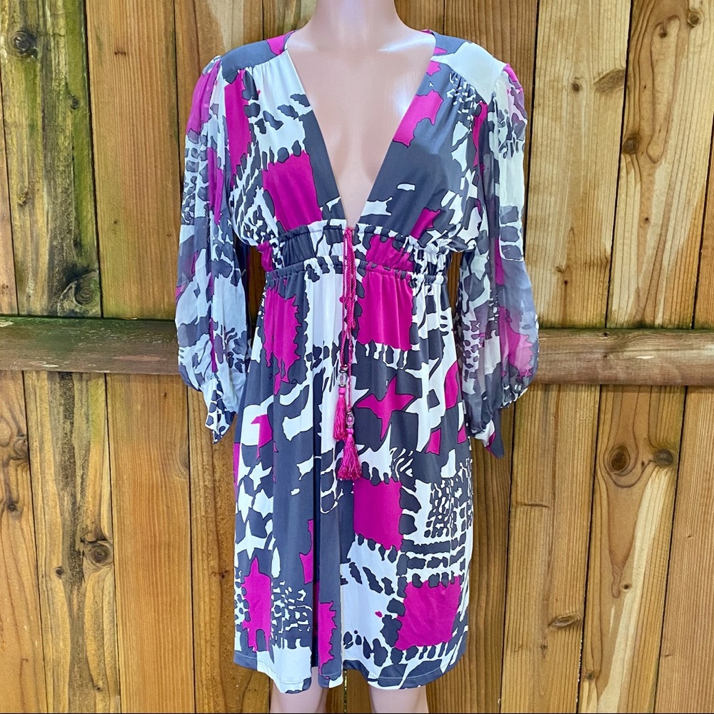 Analili Abstract A-line V-Neck Silk Dress EUC